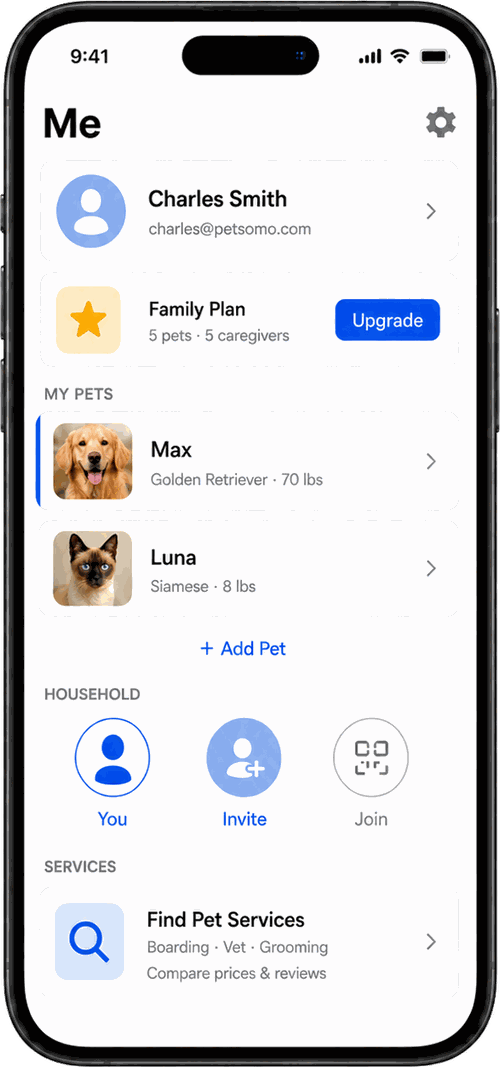 Petsomo app — household, pets, and family plan